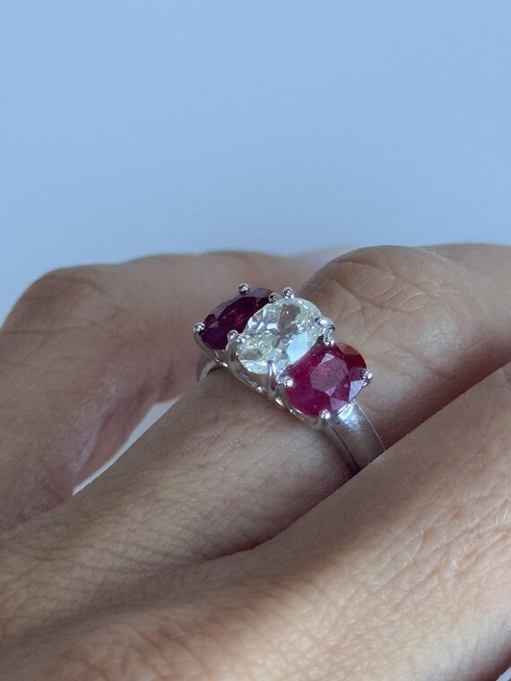18k Diamond and Ruby Three Stone Ring - image 5