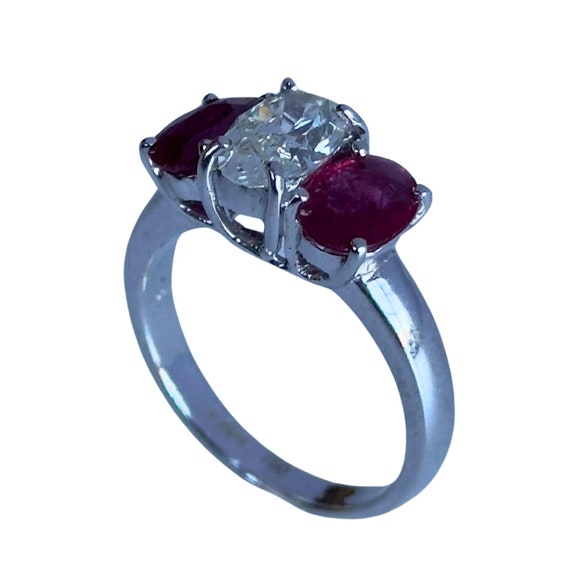 18k Diamond and Ruby Three Stone Ring - image 2