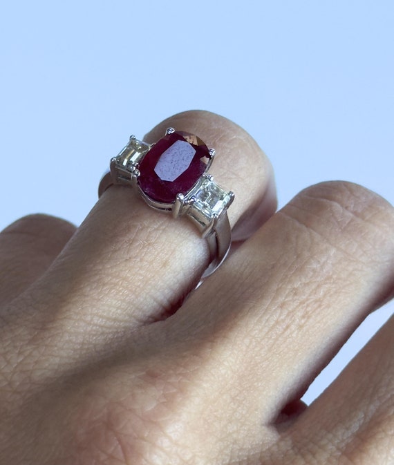 18k Diamond and African Ruby Three Stone Ring - image 5