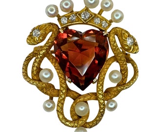 14k Victorian Double Serpent/Snake, Diamond, Madeira Garnet, and Pearl Pin