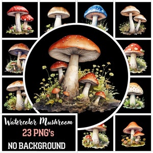 Clipart aquarelle de champignons - 23 illustrations de champignon vénéneux enchanteur, nature, forêt, PNG, téléchargement numérique instantané, usage Commercial