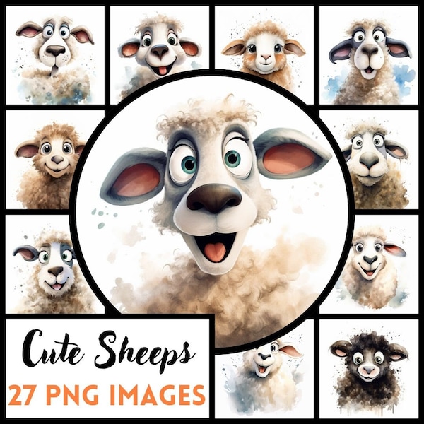 Lot de cliparts PNG avec visage de mouton, portrait d'animal drôle et mignon Pâques printemps motifs d'agneau laineux pour une fête d'invitation, création d'enfants