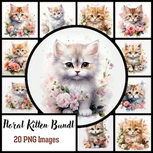 20 Watercolour Floral Kitten Clipart PNG, Floral Cat, Commercial Use, Cats With Spring Flowers, Cute Cat, Watercolor, Ai Art, Transparent