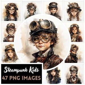 Steampunk Kids PNG CLIPART BUNDLE Mädchen Jungen Fantasy Abenteuer Industrial viktorianische Designs für Einladungen Banner Party Versorgung