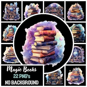 Aquarell Fantasy Bücher Clipart - Galaxie Zauberer Bücherstapel und Regale PNG-Format sofort-Download für kommerzielle Nutzung