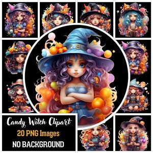 Watercolor Candy Witch Clipart: 20 PNG Fantasy Images (Instant Download)