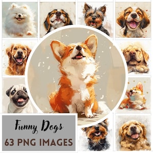 Paket med roliga hundar i akvarellstil: 63 PNG-bilder (digital nedladdning)