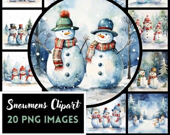 Watercolor Snowman Clipart Bundle: 20 Christmas PNG Images (Digital Download)