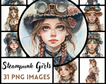 スチームパンクガールズクリップアート：25枚のPNG水彩イラスト（商用