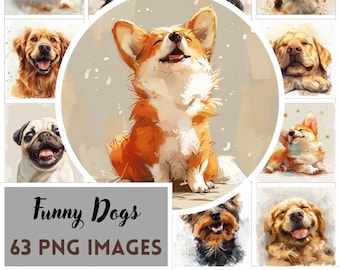 Funny Dog Watercolor Clipart Bundle: 63 PNG Images (Digital Download)