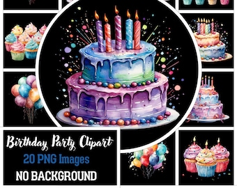 Watercolor Birthday Party Clipart: Cake & Balloons PNG Bundle (Digital Download)