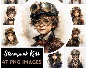 May include: A collection of 47 digital illustrations of children wearing steampunk-inspired goggles and hats. The illustrations are in a watercolor style and feature a variety of characters with different hairstyles and clothing.