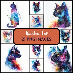 Clipart de gato arco-íris aquarela, ilustrações coloridas de gatos, clipart de gato pintado de arco-íris, gráficos PNG, gato de uso comercial PNG