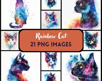 Clipart de gato arcoíris en acuarela: Gráficos PNG coloridos (21 archivos)