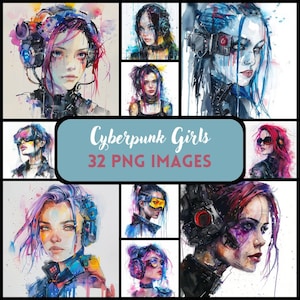 未来的なサイバーパンクガールのクリップアート、SFバンドル、女性サイバードロイド、人工知能グラフィックス、ジャンクジャーナルステッカーのダウンロード