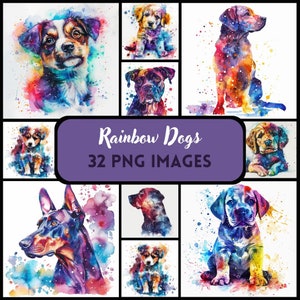 Clipart chien aquarelle arc-en-ciel, Illustrations de chien coloré, clipart chien peint arc-en-ciel, graphiques PNG, usage Commercial chien PNG