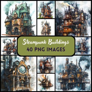 Steampunk Collection of Buildings PNG CLIPART BUNDLE Buildings Watercolor Steampunk Victorian Designs for Invitations Theme Party Cosplay