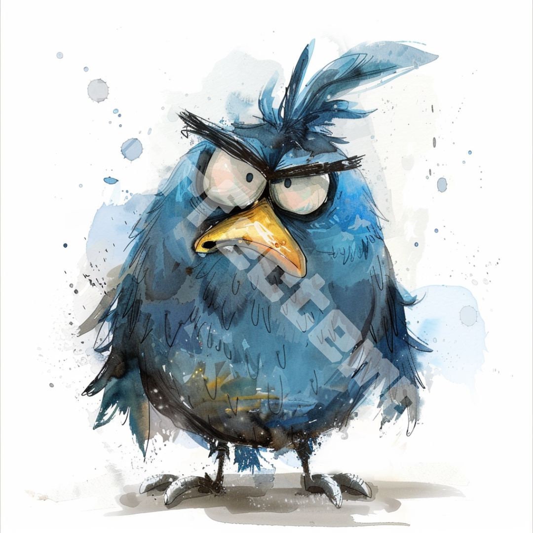 Grumpy Bird Clipart, Cute Fluffy Bird, Digital Clipart, Watercolor ...