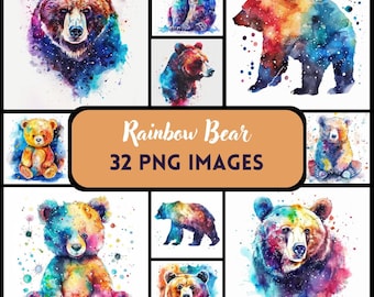 Watercolor Rainbow Bear Clipart: 32 PNG Graphics (Commercial Use)
