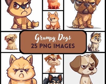 Clipart de perro gruñón: Impresiones PNG de mascotas de dibujos animados (uso comercial) (Descarga instantánea)