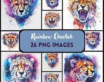 Watercolor Rainbow Cheetah Clipart: PNG Graphics (Commercial Use)