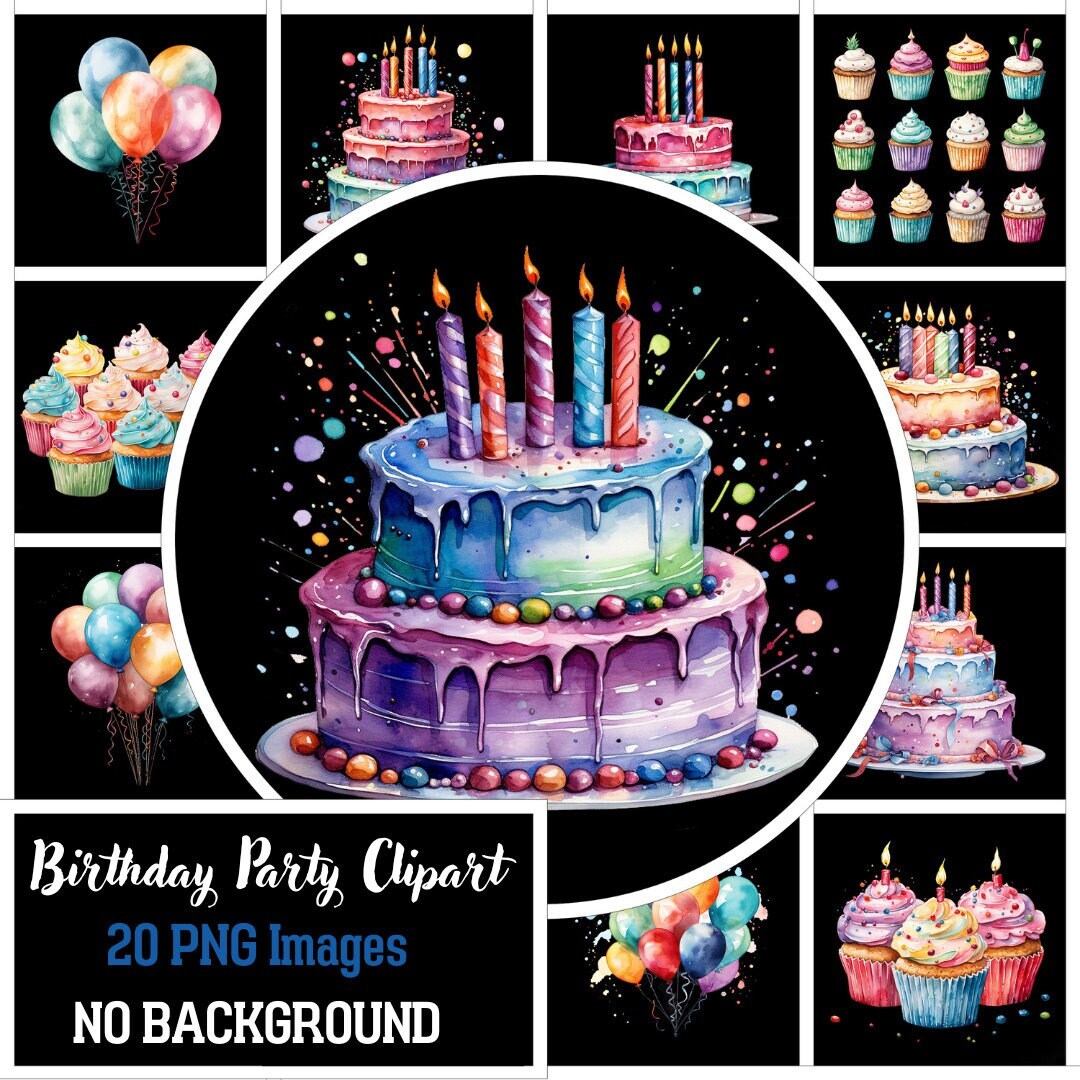 Watercolor Birthday Party Clipart: Cake & Balloons PNG Bundle (digital ...