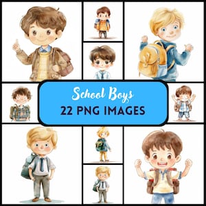 Watercolor School Boys Clipart: 22 PNG Illustrations (Commercial Use)