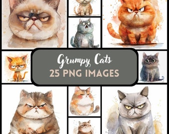 Clipart de acuarela de gato gruñón: 25 diseños PNG (uso comercial)