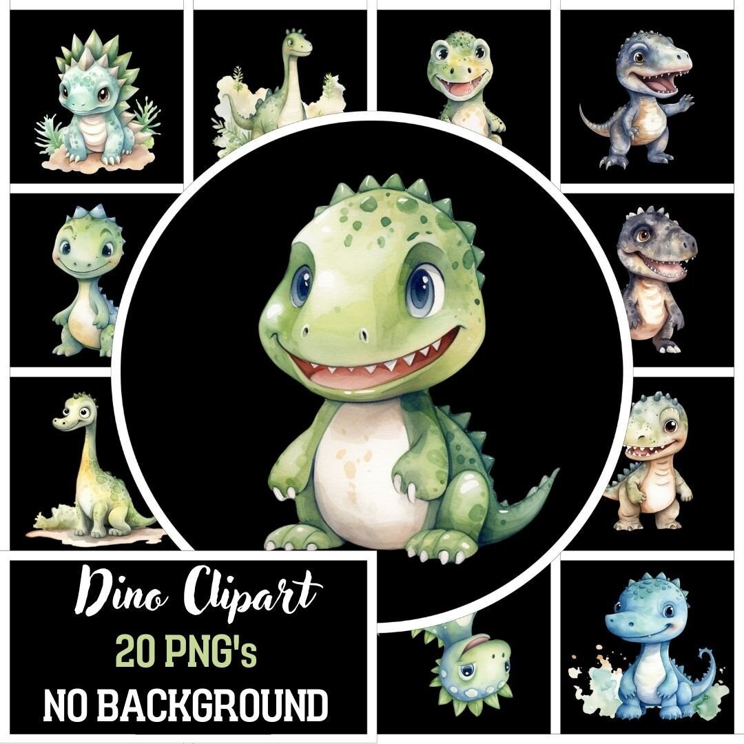 20 Watercolor Dinosaurs Clipart, Neutral Baby Boy Clip Art, Dino ...
