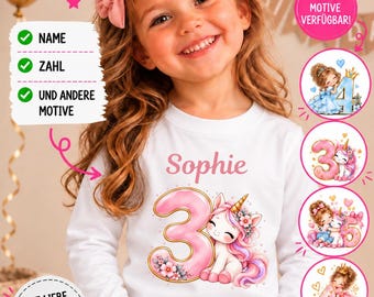 Personalisiertes Einhorn Geburtstagsshirt Kinder | TShirt mit Name | Einhorn Geburtstag | Geschenk Mädchen | Longsleeve Shirt Mädchen