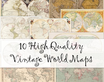 May include: A collage of ten vintage world maps in various styles and colors. The maps are arranged in a grid pattern and feature detailed illustrations of continents, oceans, and islands. The text "10 High Quality Vintage World Maps" is displayed in a decorative font at the center of the collage.