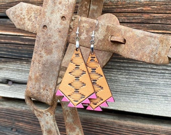 Aztec Tooled Earrings - Hand Tooled Hand Painted Engraved Leather Earrings, Made in Montana, Western Jewelry, Veg Tan Leather