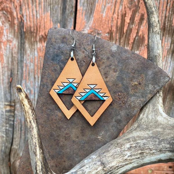 Southwestern Earrings - Hand Tooled Hand Painted Leather Earrings, Made in Montana, Western Jewelry, Handmade, Veg Tan Real Leather
