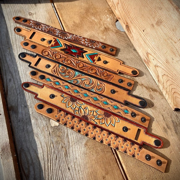 Western Tooled Leather Bracelet - Hand Tooled, Hand Painted, Western Cuff, Leather Snap Bracelet, Western Bracelet