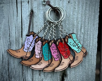 Leather Cowboy Boot Keychain - Engraved, Tooled, & Hand Painted Boots, Cowboy Boots, Cowgirl Boots, Leather Keychain, Western Keychain