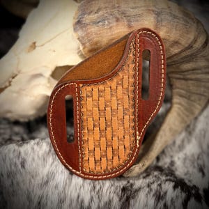 AMERICAN MADE Leather Western Tooled Pocket Knife Belt Sheath - fits Buck 110 Folding Hunters Knife, Handmade, Pancake Knife Sheath