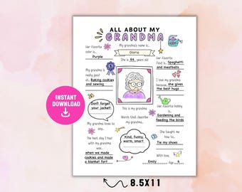 Todo sobre mi abuela (imprimible), Completa el espacio en blanco de la abuela, Cuestionario "Todo sobre la abuela", Actividad del Día de los Abuelos, Regalo de cumpleaños para la abuela