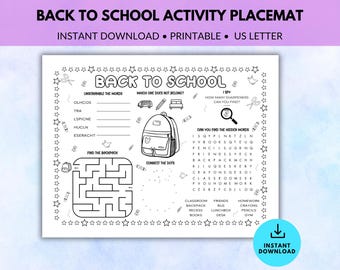 Back to School Activity Placemat, Printable First Day of School Activity Mat, Coloring Placemat for Kids, First Day Activities for School