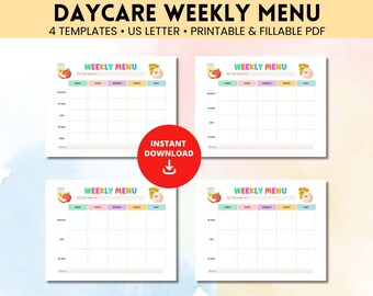 Daycare Weekly Menu, Fillable Weekly Menu Template, Printable Daycare Menu, Lunch Menu for Daycare, Preschool Menu Planner, Homeschool Menu