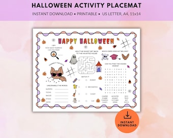 Halloween Activity Placemat, Printable Activity Mat for Kids, Coloring Activity Placemat for Halloween, Happy Halloween Coloring Page