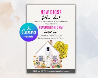 Invito per festa di inaugurazione della casa, invito per inaugurazione della casa di New Dig Who Dis, modello modificabile per inaugurazione della casa, invito stampabile per la nuova casa, festa in casa