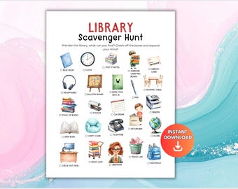 Chasse au trésor dans la bibliothèque, Chasse au trésor dans la bibliothèque pour enfants, Jeu de bibliothèque à imprimer pour les enfants, Jeu de chasse au trésor d'intérieur pour les enfants