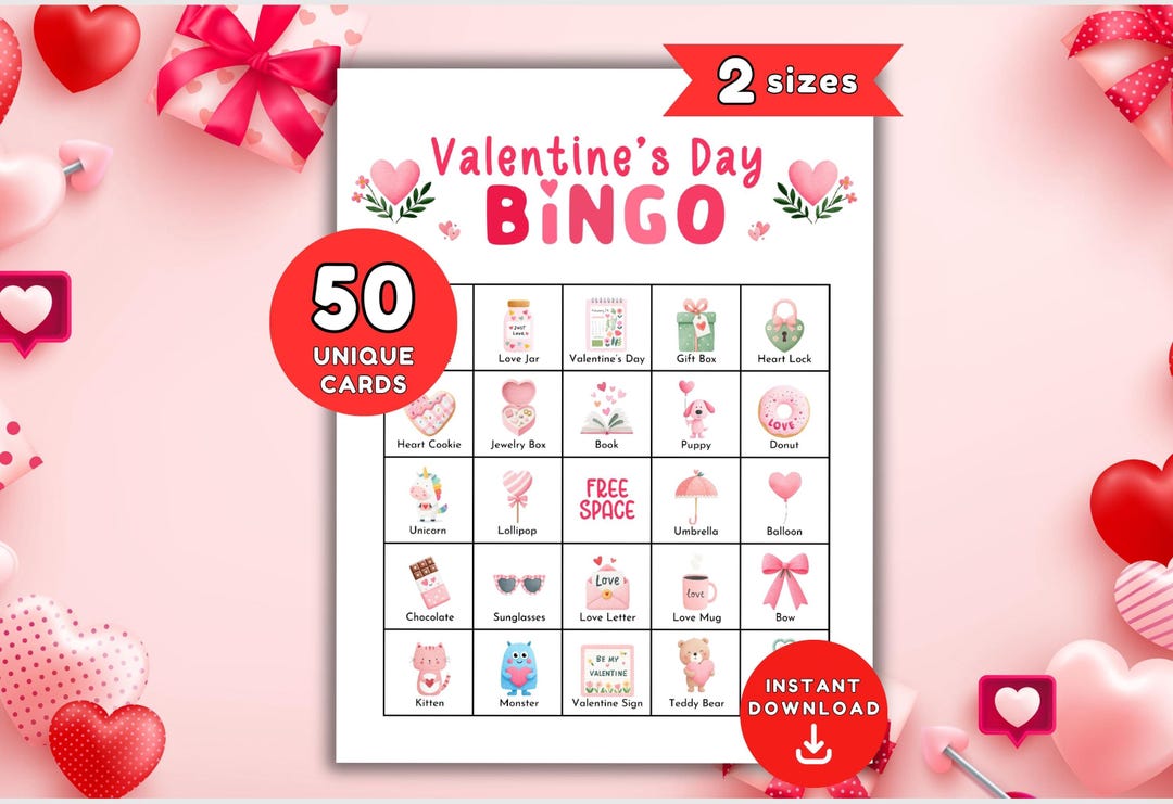 Valentine's Day Bingo, 50 Valentine Bingo Cards, Kids Valentine Game ...