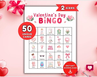 Valentine's Day Bingo, 50 Valentine Bingo Cards, Kids Valentine Game Printable, Preschool Valentine Bingo Game, Valentine Party Game