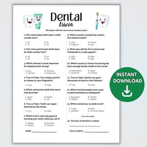 May include: Dental trivia game with questions about teeth and dental health. The printable game features questions, answer choices, and space for the player's name and total points. Includes a green "Instant Download" button.