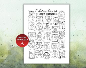 Julens 25 dagars adventskalender, nedräkning till jul målarbild, utskrivbar adventskalender för barn, aktivitetsblad för högtider