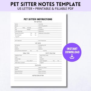 Pet Sitter Notes, Dog Sitter Notes, Cat Sitter Guide, Printable Pet Instructions, Pet Sitting Form, Pet Care Info, Pet Sitter Checklist