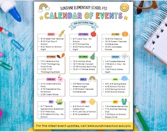 Editable School Calendar of Events, PTO Calendar Template, School Year Event Calendar, Academic Calendar, Canva Template (August-July)