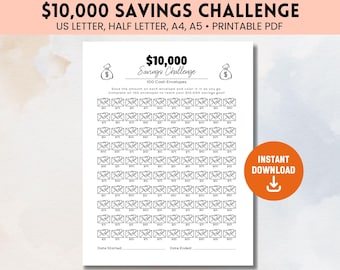 10000 Savings Challenge, 10K Savings Tracker, Printable 100 Envelope Tracker, 100 Envelope Challenge, Saving 10K, Savings Goal Tracker