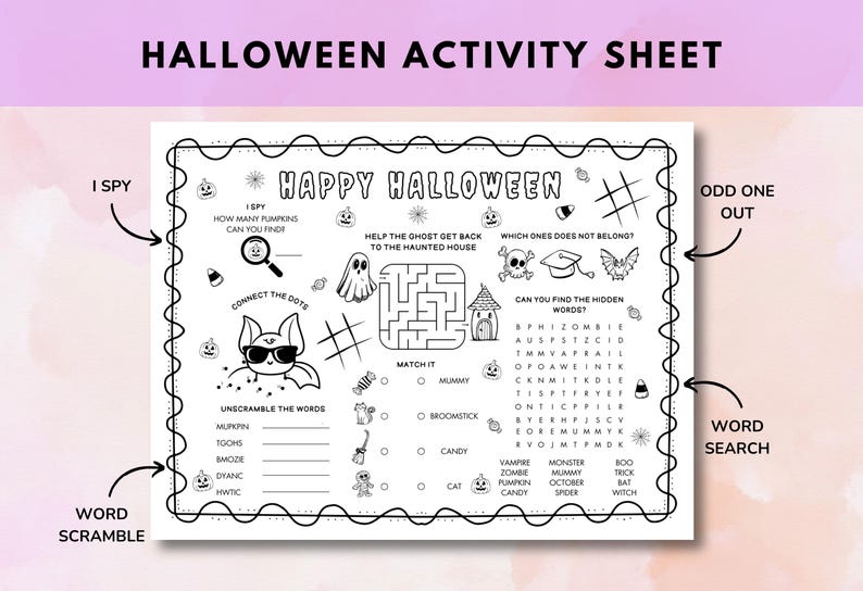 Halloween Activity Placemat, Printable Activity Mat for Kids, Coloring ...
